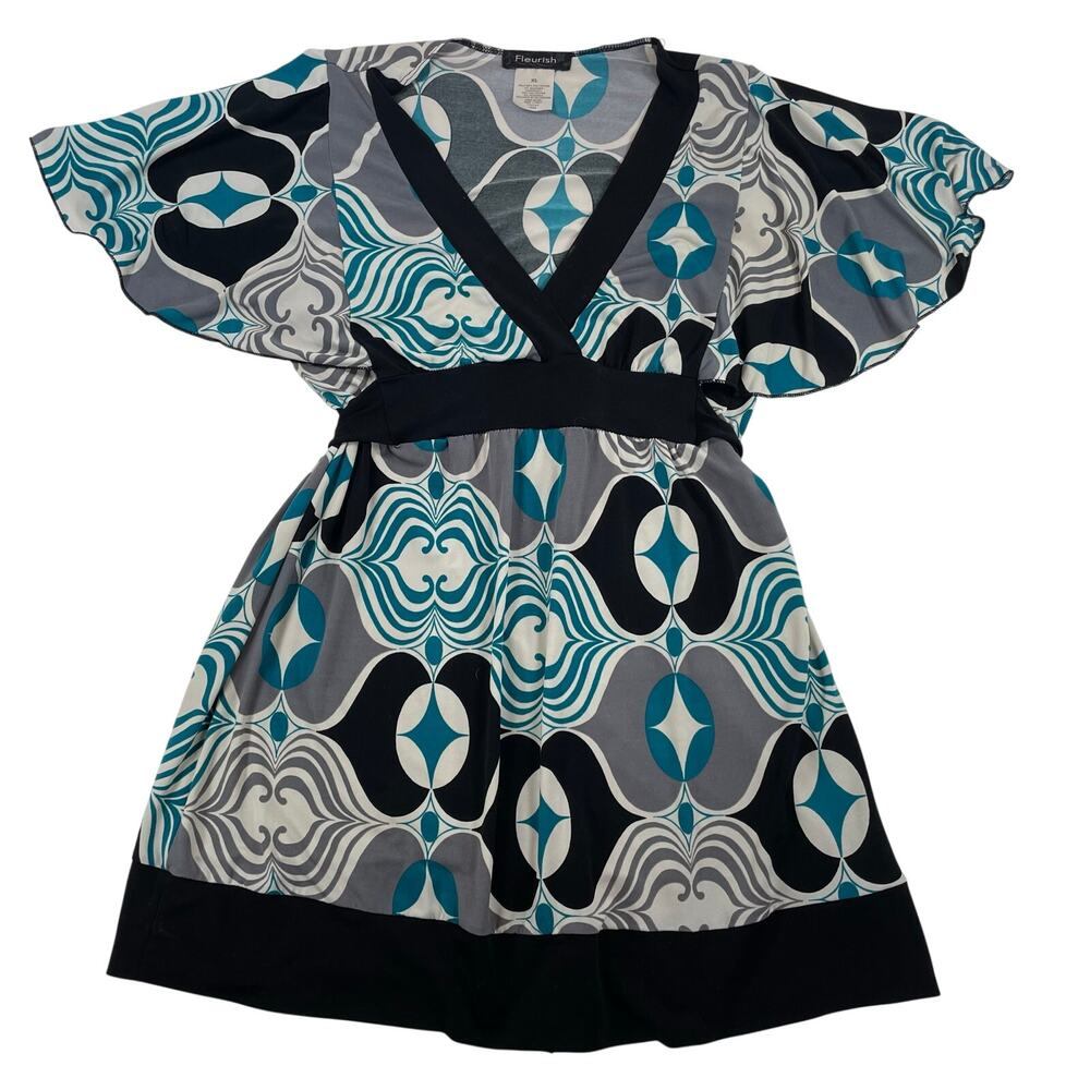 Fleurish Vintage Y2K Geometric Tunic XL Teal Black Flutter Sleeve V-Neck